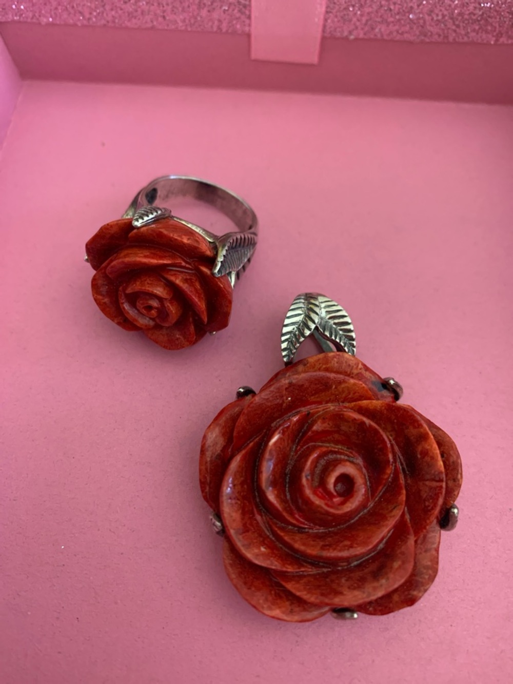 Vintage Red Rose Coral Pendant and Ring- 925 Sterling Silver